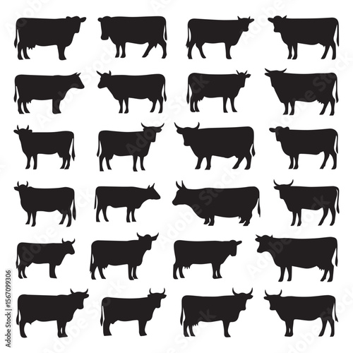 Collection of black cow silhouettes in various poses on white background