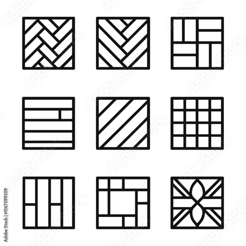 Wood Floor Patterns. Solid, filled icon set of wood floor patterns: herringbone, chevron, basket weave, straight plank, diagonal
