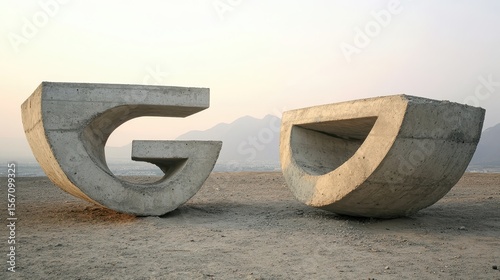 Abstract Concrete Sculptures in Desert Landscape at Sunrise