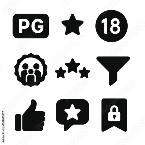 Movie Rating Icons. Solid, filled icons set of movie rating system and icons: PG icon, G icon, age limit badge