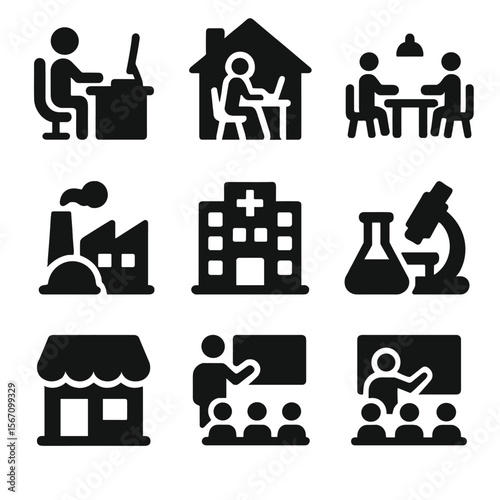 Work Environment Icons. Solid, filled icon set of work environments: office, home workspace, coworking space, factory, outdoor