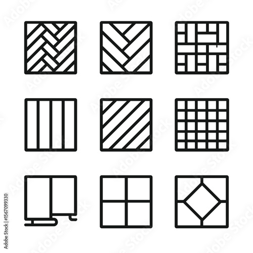 Wood Floor Patterns. Solid, filled icon set of wood floor patterns: herringbone, chevron, basket weave, straight plank, diagonal