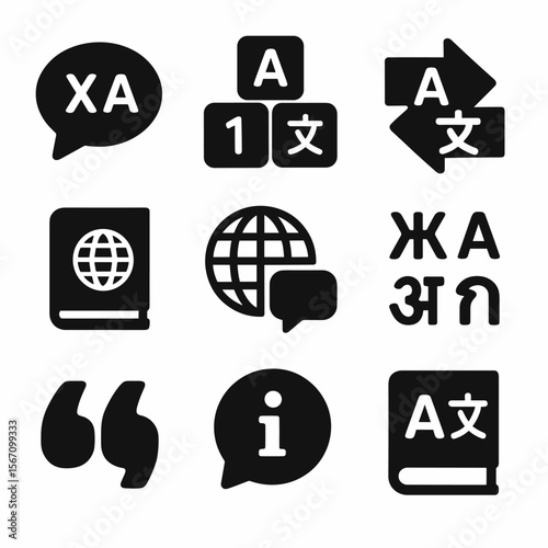 Multilingual Icon Grid. Solid, filled icons set of multilingual label designs: speech bubble, alphabet blocks,