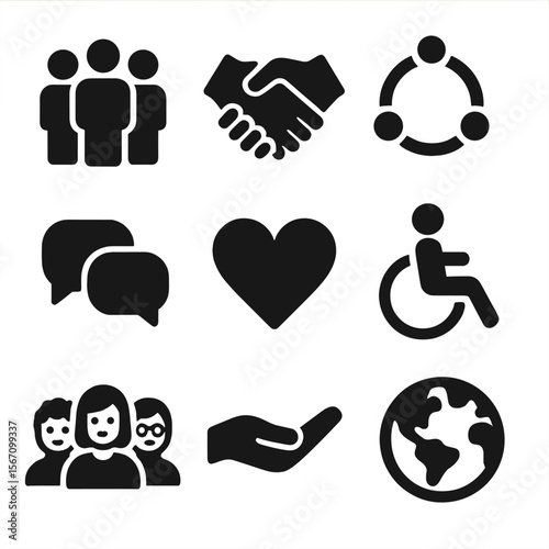 Social Inclusion Icons. Solid, filled icon set of social inclusion: community group, handshake, support circle, speech bubbles,