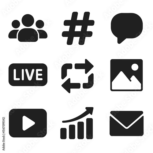 Social Media Icon Set. Solid, filled icon set of social media followers: avatar group, hashtag symbol, comment icon, live stream,