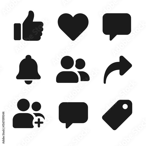 Social Media Icons. Solid, filled icon set of follower interaction: thumbs up, heart reaction, comment thread, share icon,