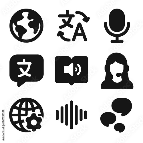 Multilingual Voice Icons. Solid, filled icons set of multilingual voice recognition: globe icon, translation