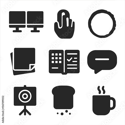 Multitasking Icons Grid. Solid, filled icons set of multitasking with coffee: dual monitor, hand on mouse,