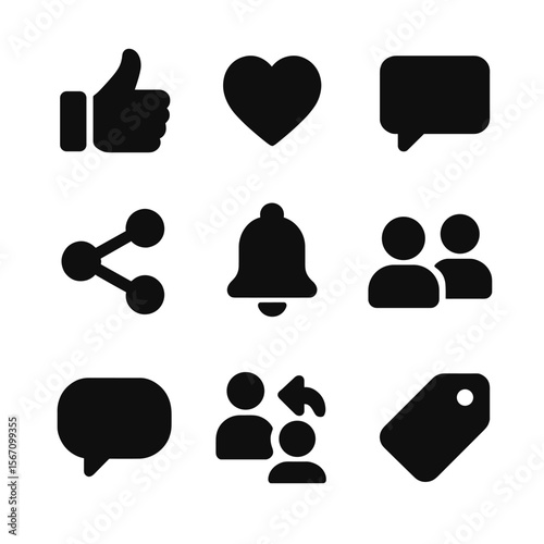 Social Media Icons. Solid, filled icon set of follower interaction: thumbs up, heart reaction, comment thread, share icon,