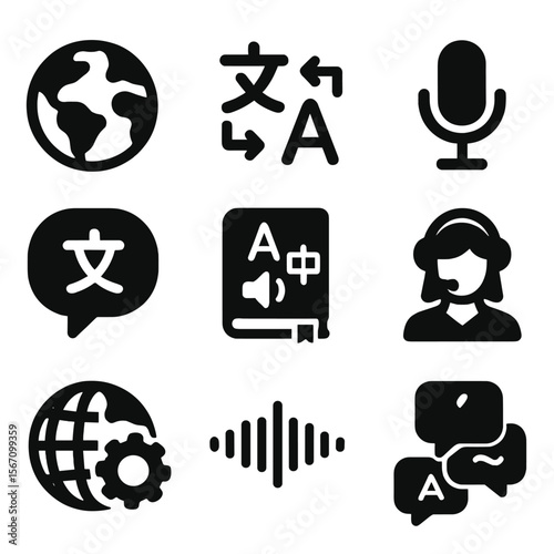 Multilingual Voice Icons. Solid, filled icons set of multilingual voice recognition: globe icon, translation