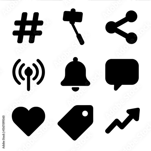 Social Media Icon Grid. Solid, filled icon set of social media symbols: hashtag, selfie stick, share icon, live stream,