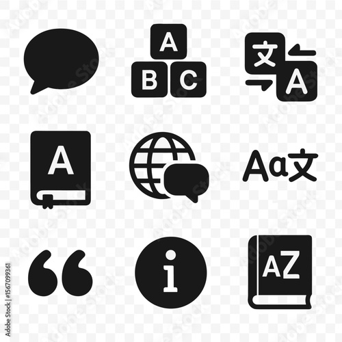 Multilingual Icon Grid. Solid, filled icons set of multilingual label designs: speech bubble, alphabet blocks,