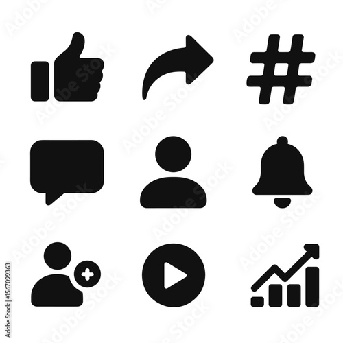Social Media Icons Grid. Solid, filled icon set of social media content: like button, share arrow, hashtag, comment bubble,
