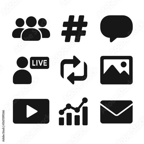 Social Media Icon Set. Solid, filled icon set of social media followers: avatar group, hashtag symbol, comment icon, live stream,