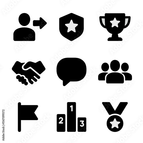 Social Rewards Icons. Solid, filled icon set of social and multiplayer rewards: friend invite, clan badge, trophy cup, handshake,