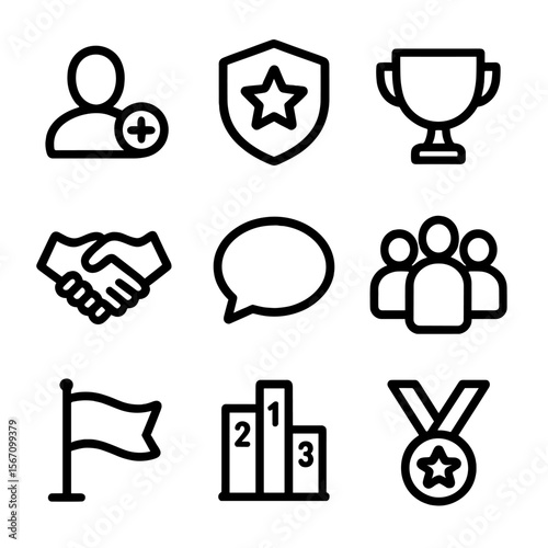 Social Rewards Icons. Solid, filled icon set of social and multiplayer rewards: friend invite, clan badge, trophy cup, handshake,