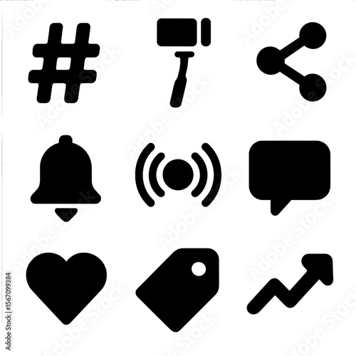 Social Media Icon Grid. Solid, filled icon set of social media symbols: hashtag, selfie stick, share icon, live stream,