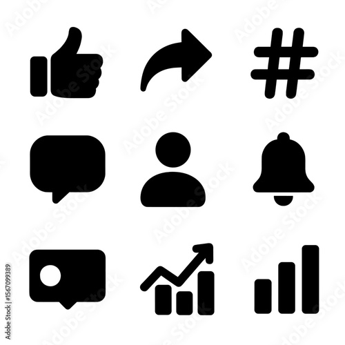 Social Media Icons Grid. Solid, filled icon set of social media content: like button, share arrow, hashtag, comment bubble,