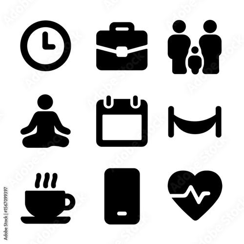 Work-Life Balance Icons. Solid, filled icon set of Work-life balance: clock, briefcase, family, yoga pose, calendar, hammock,