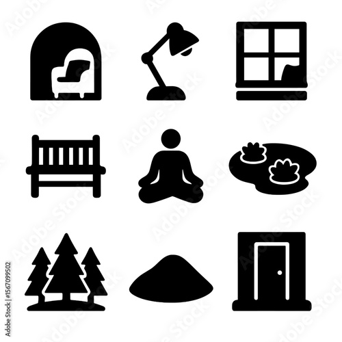 Solitude Icon Set. Solid, filled icon set of solitude and reflection spaces: cozy nook, reading lamp, window seat, garden bench,
