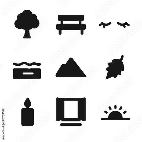 Icons of Solitude. Solid, filled icon set of solitude and reflection: lone tree, empty bench, closed eyes, quiet lake, mountain