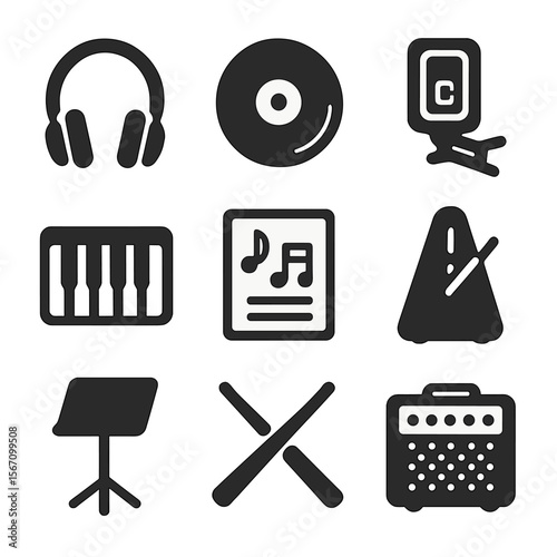 Music Icons Collection. Solid, filled icons set of music hobby gifts: headphones, vinyl record, guitar tuner,