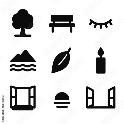 Icons of Solitude. Solid, filled icon set of solitude and reflection: lone tree, empty bench, closed eyes, quiet lake, mountain