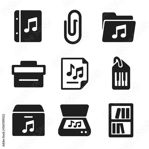 Music Icon Grid. Solid, filled icons set of sheet music organization: sheet binder, paper clip, folder tab,
