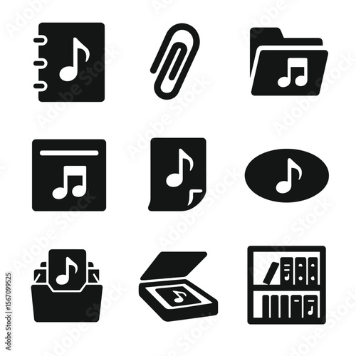 Music Icon Grid. Solid, filled icons set of sheet music organization: sheet binder, paper clip, folder tab,