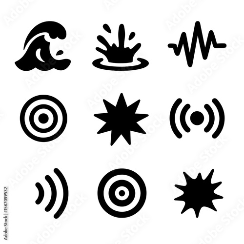 Sound and Pet Icons. Solid, filled icon set of splash sound and energy: wave crash icon, water thud, splash waveform, sound ripple