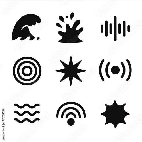 Sound and Pet Icons. Solid, filled icon set of splash sound and energy: wave crash icon, water thud, splash waveform, sound ripple