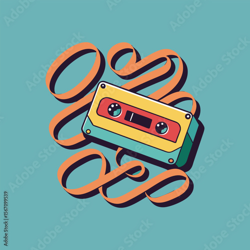 Retro cassette tape illustration with tangled tape forming the word "vibes", vintage music design, nostalgic audio, 80s style vector