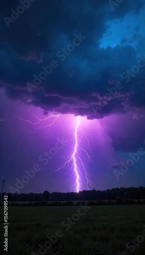 Dramatic Lightning Storm over Landscape, Powerful Nature Photography, Moody Sky, Vibrant Bolt