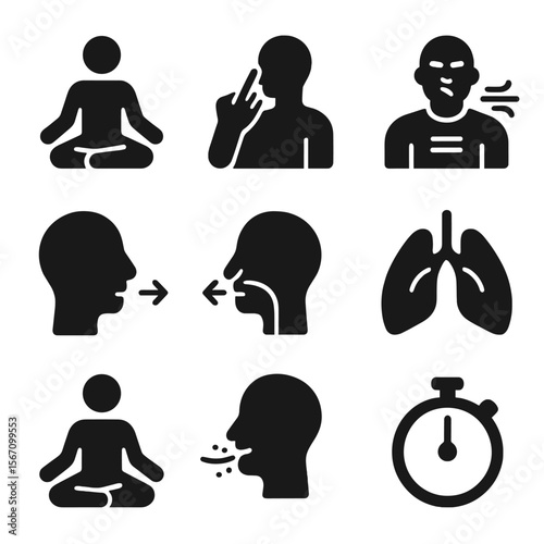 Yoga Breathing Icons. Solid, filled icon set of yoga breathing techniques: pranayama, alternate nostril breathing, deep breath,