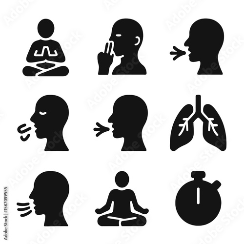 Yoga Breathing Icons. Solid, filled icon set of yoga breathing techniques: pranayama, alternate nostril breathing, deep breath,