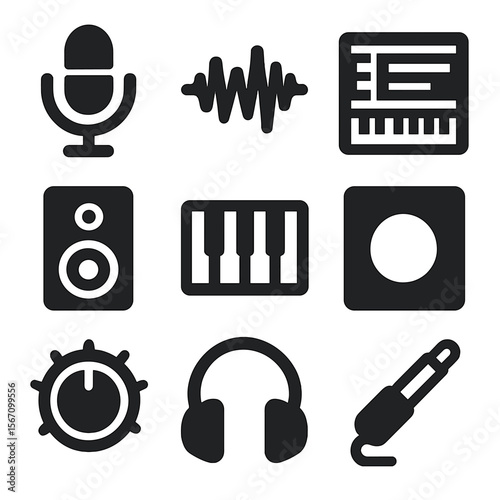 Music Production Icons. Solid, filled icons set of piano recording and production: studio mic, waveform icon,