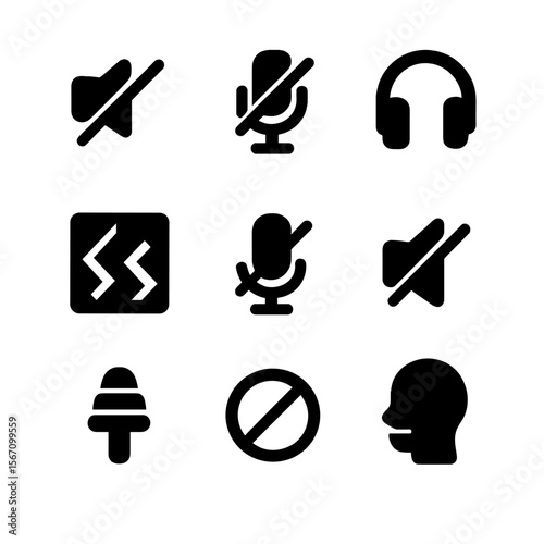 Sound Suppression Icons. Solid, filled icon set of sound suppression tools: mute button, volume off, noise canceling headphones,