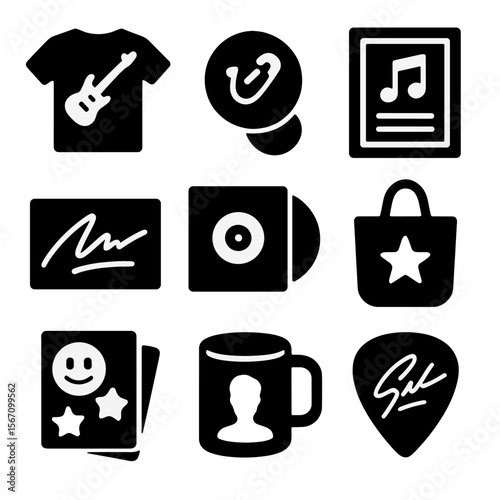 Music Merchandise Icons. Solid, filled icons set of music fan merchandise: band tee, button badge, concert