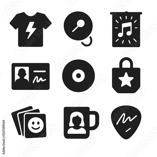 Music Merchandise Icons. Solid, filled icons set of music fan merchandise: band tee, button badge, concert