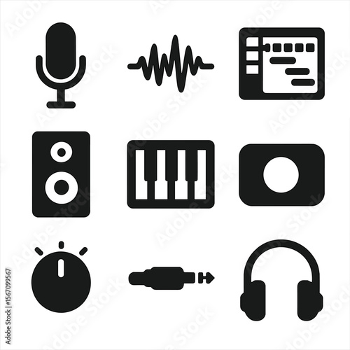 Music Production Icons. Solid, filled icons set of piano recording and production: studio mic, waveform icon,