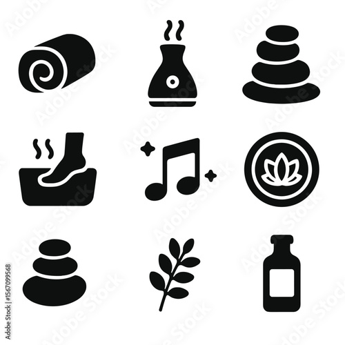 Spa Icon Set. Solid, filled icon set of spa-style bathrooms: rolled towel, facial steamer, hot stones, foot basin, calm music icon