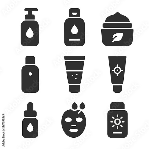 Spa Essentials Icons. Solid, filled icon set of spa day essentials for skin types: dry skin lotion, oily skin cleanser, sensitive