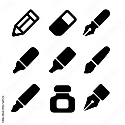 Writing Tools Icons. Solid, filled icon set of writing tools: pencil, eraser, fountain pen, roller pen, marker, highlighter, brush