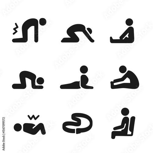 Yoga Icons Grid. Solid, filled icon set of yoga for back pain: cat-cow pose, child's pose, spinal twist, bridge pose, cobra pose,