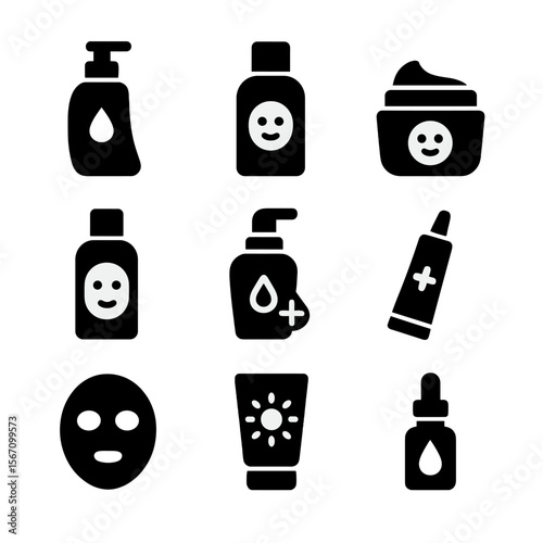 Spa Essentials Icons. Solid, filled icon set of spa day essentials for skin types: dry skin lotion, oily skin cleanser, sensitive