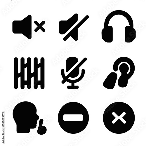 Sound Suppression Icons. Solid, filled icon set of sound suppression tools: mute button, volume off, noise canceling headphones,
