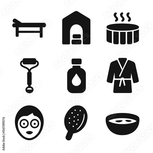 Spa Icons Grid. Solid, filled icon set of spa and wellness treatments: massage table, sauna, hot tub, facial roller, essential oil
