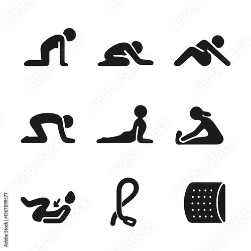 Yoga Icons Grid. Solid, filled icon set of yoga for back pain: cat-cow pose, child's pose, spinal twist, bridge pose, cobra pose,
