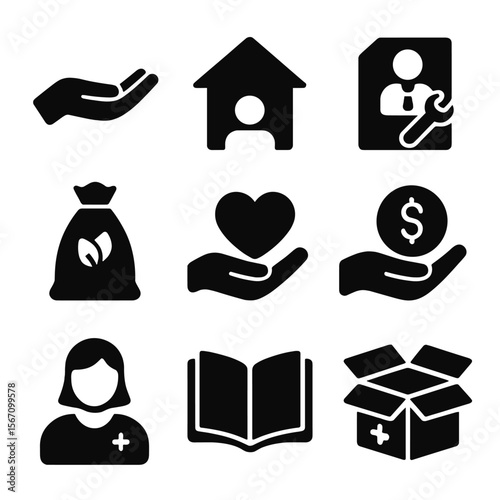 Zero Poverty Icons. Solid, filled icon set of zero poverty support: helping hand, shelter, job icon, food bag, donation heart,