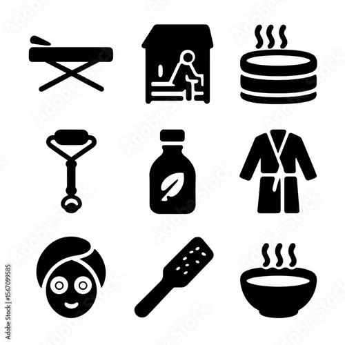 Spa Icons Grid. Solid, filled icon set of spa and wellness treatments: massage table, sauna, hot tub, facial roller, essential oil